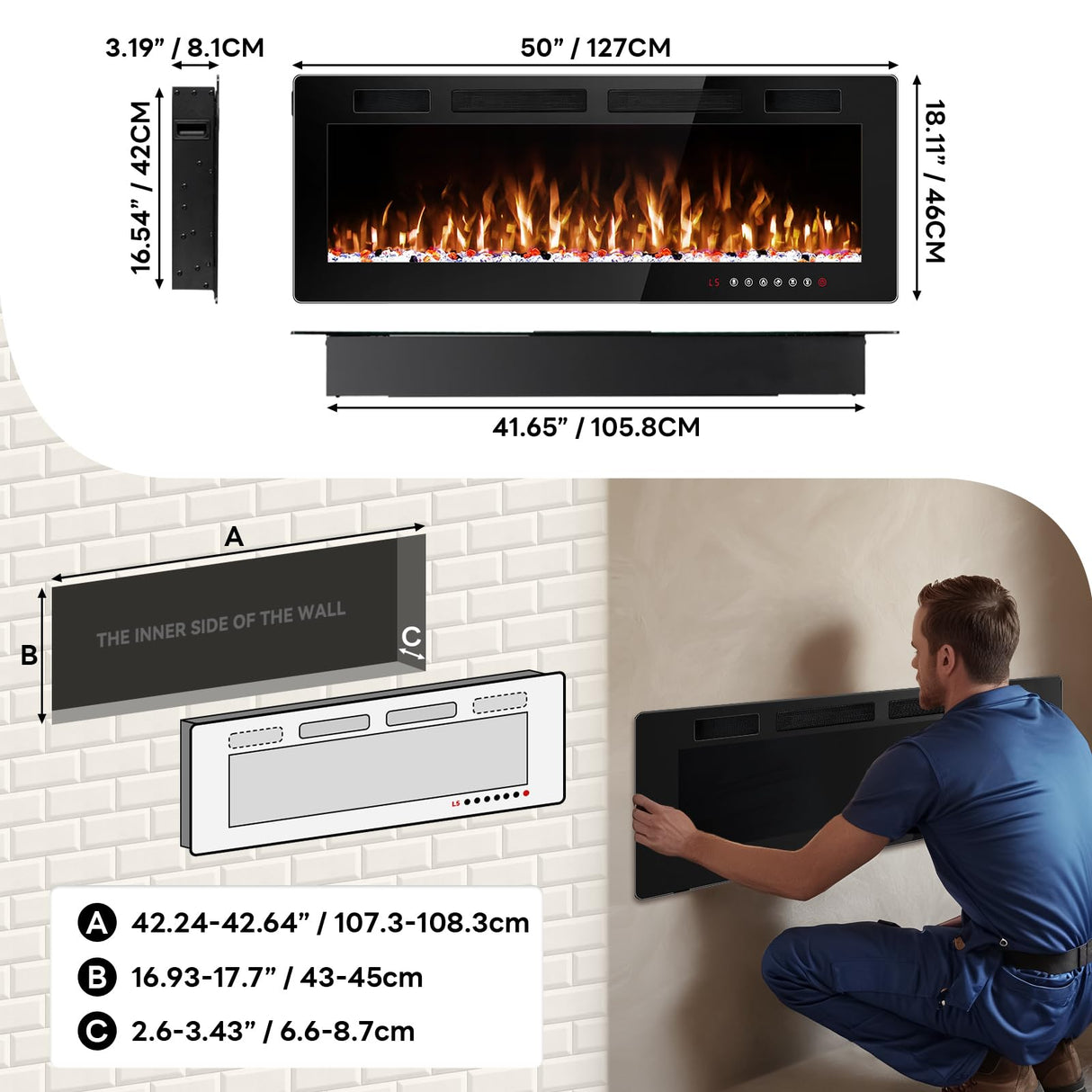 Tornivk 50 Inch Electric Fireplace Inserts Ultra-Thin Freestanding 750/1500W Electric Fireplace Heater Wall Mounted or Recessed Fireplace Electric with Adjustable Multicolor Flame,Timer Tornivk
