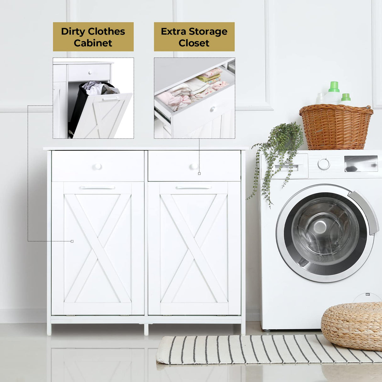 Arlopu Dual Tilt Out Trash Cabinet, 10X2 Gallon Pet Proof Kitchen Pull Out Hidden Garbage Can Cabinet, Freestand Wooden Laundry Sorter Cabinet, W/Drawer, Barn Door, for Home, Living (White) Arlopu