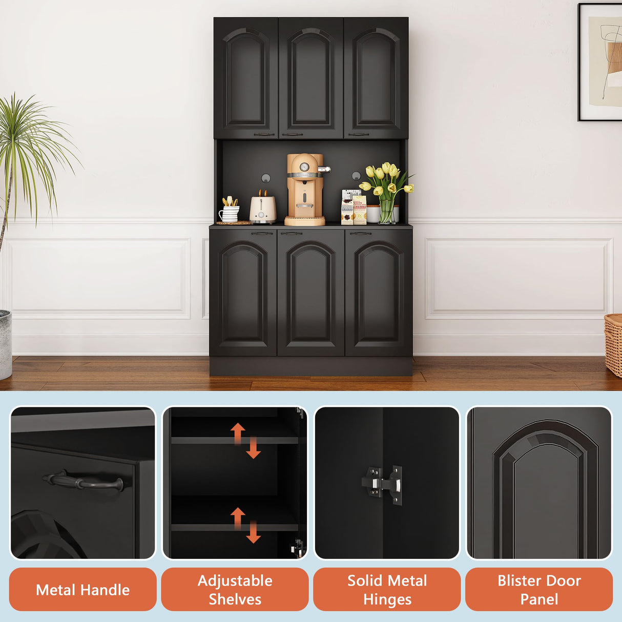 PHOYAL Kitchen Pantry, Kitchen Hutch Cabinet, Farmhouse Storage Cabinet Large Kitchen Pantry Storage Cabinet 71” Pantry Cabinet with 6 Doors and 1 Drawer for Kitchen Dining Room, Black PHOYAL