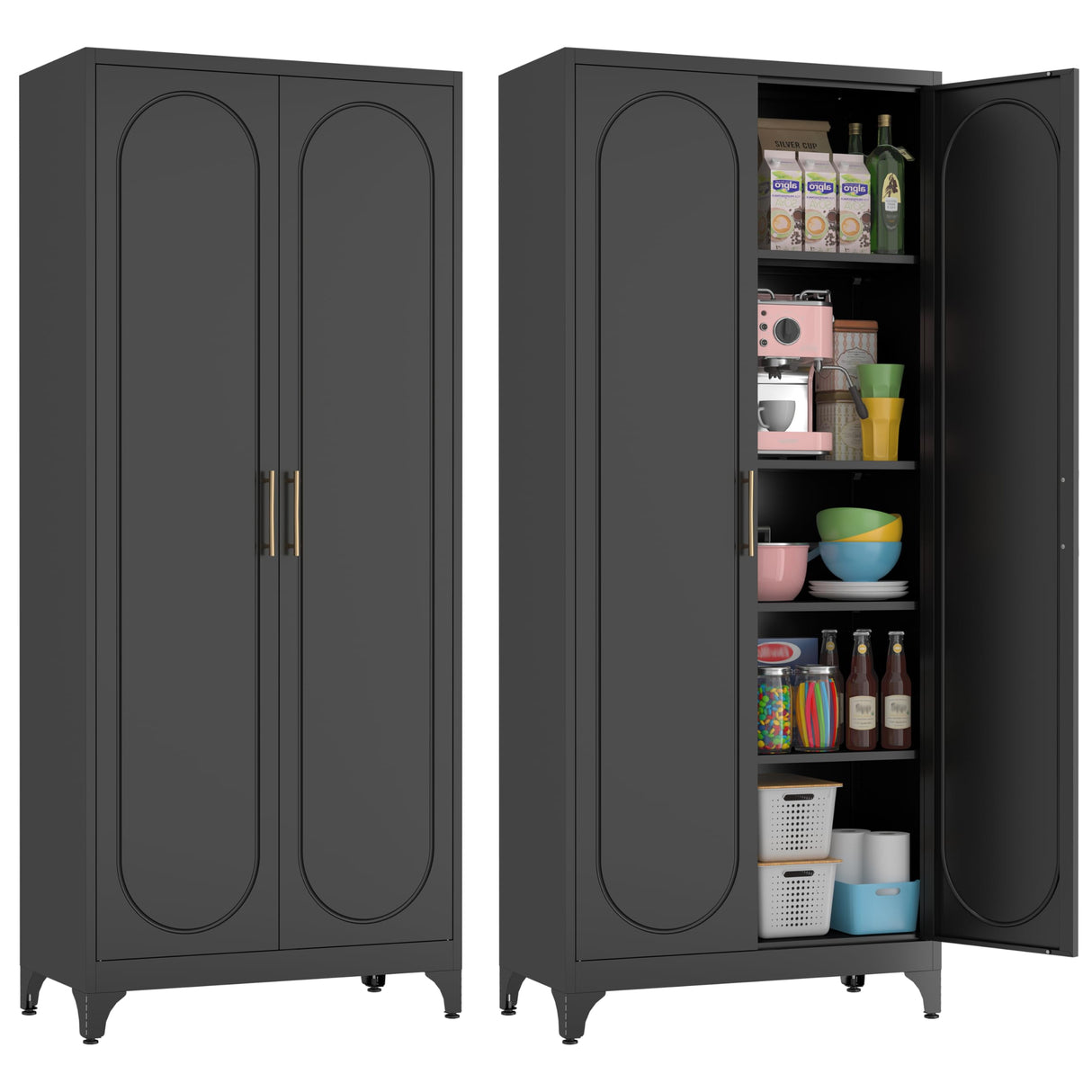 Kubohogar 75" Tall Kitchen Pantry Cabinet with 2 Doors and 4 Adjustable Shelves, Black Metal Storage Cabinets, Kitchen Cupboard for Dinning Living Room, Bathroom, Home Office Kubohogar