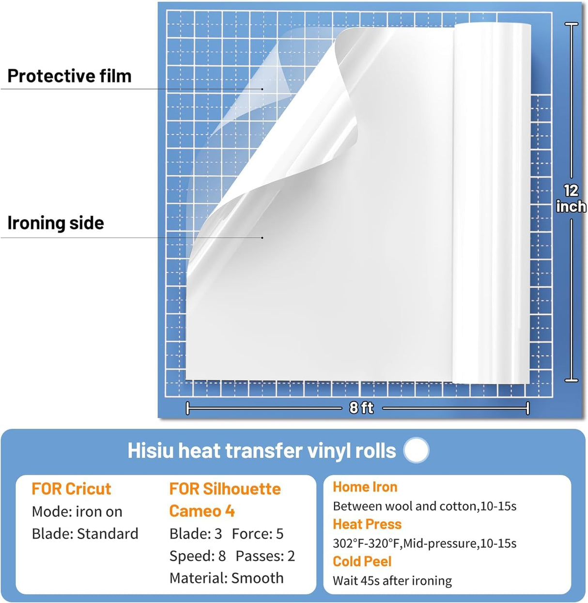 Hisiu White HTV Heat Transfer Vinyl,12" x8ft White Iron on Vinyl for T Shirts, Glossy White HTV Vinyl Roll for Cricut and All Cutting Machine, Stretch Vinyl Easy to Cut and Transfer DIY Design Hisiu
