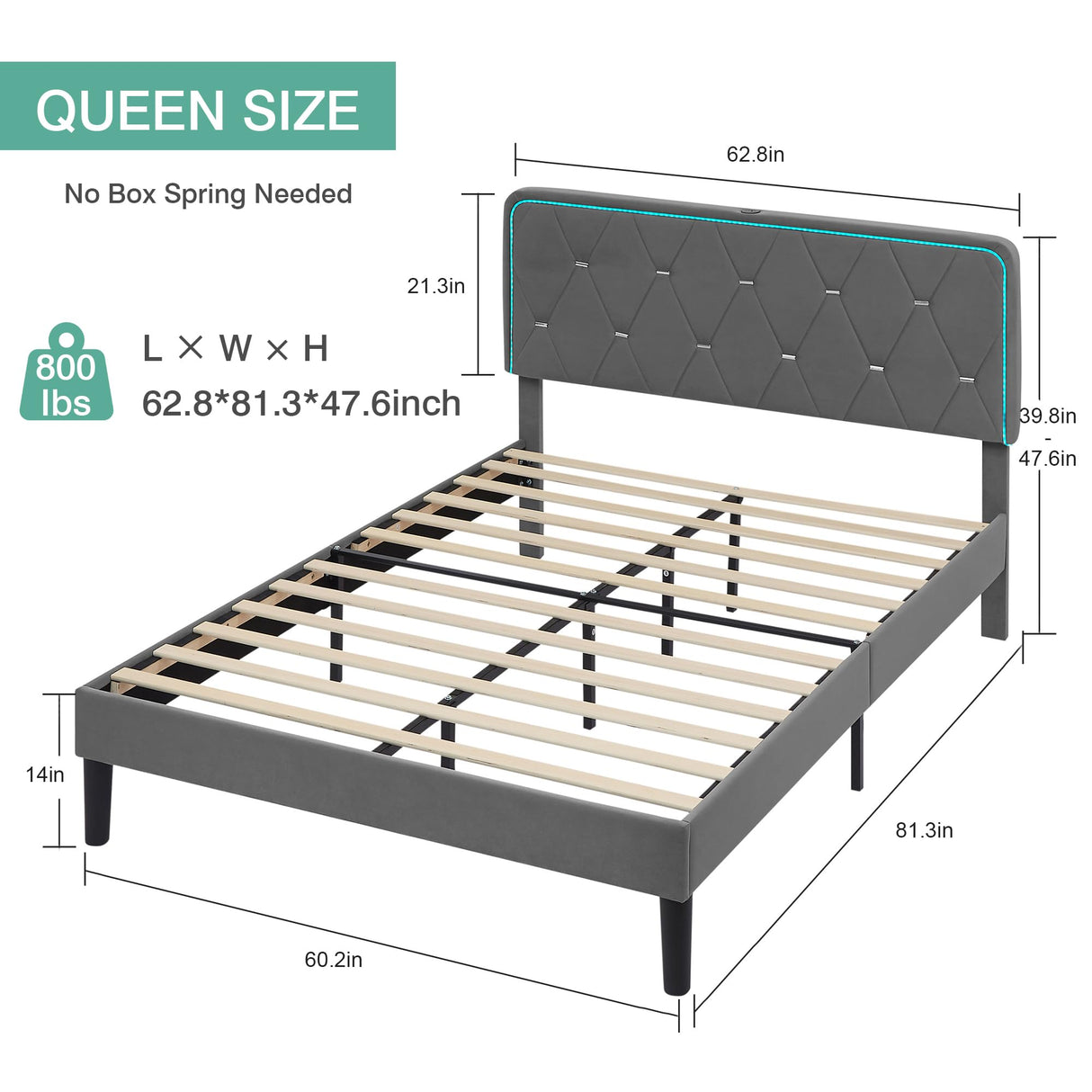 VECELO Upholstered Queen Bed Frame with Headboard Adjustable, Velvet Platform Bed with LED Lights, Charging Station, Mattress Foundation with Wooden Slats, Noise Free, No Box Spring Needed, Grey VECELO