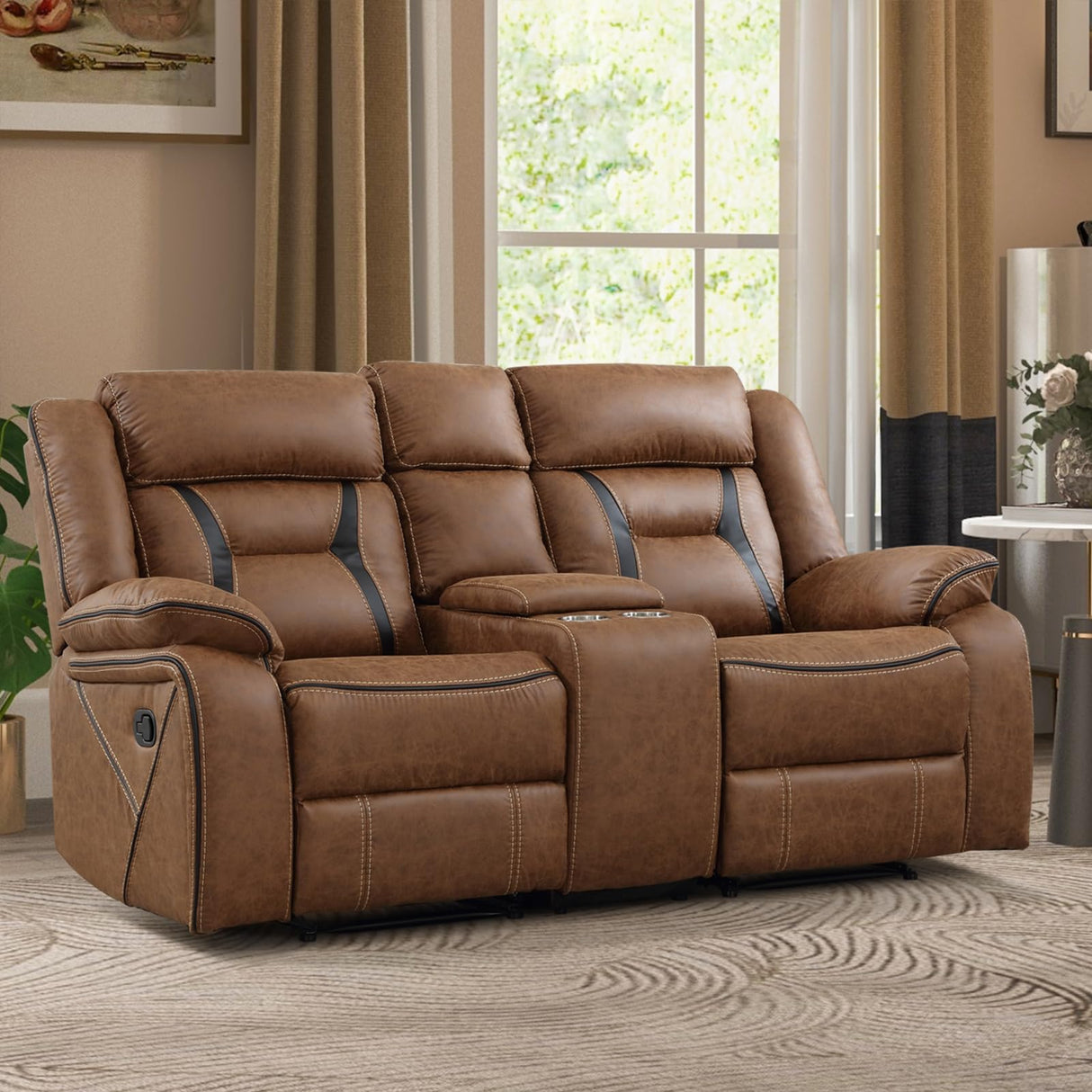 EBELLO Faux Leather Manual Loveseat Recliner, 2 Seat Reclining Sofa Chair with Center Console, Hidden Storage and Cup Holders, Daul Recliner for Living Room, Meeting Room, Brown (Loveseat) EBELLO
