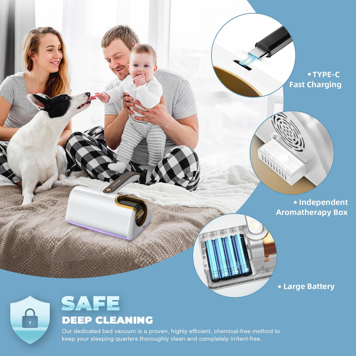 Mattress Vacuum Cleaner, UV Bed Vacuum Cleaner, 12KPa Powerful Suction with Hepa Filter for Dust, Pet Hair Handheld Mattress Deep Cleaner Effectively Clean Up Bed, Pillows, Cloth Sofas, Carpets MS.Tranquil