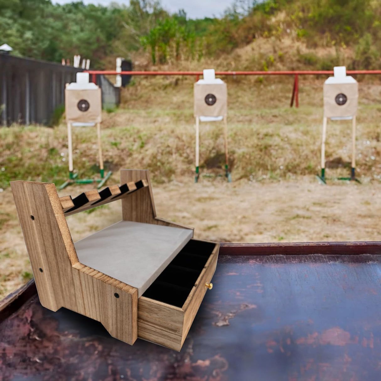 Lanmik Wooden Pistol Rack With Drawer for Gun Storage Solid Wood Gun Rack Holder Rustic Pistol Display Stand Gun Safe Organizer Accessory with 6 Lanmik