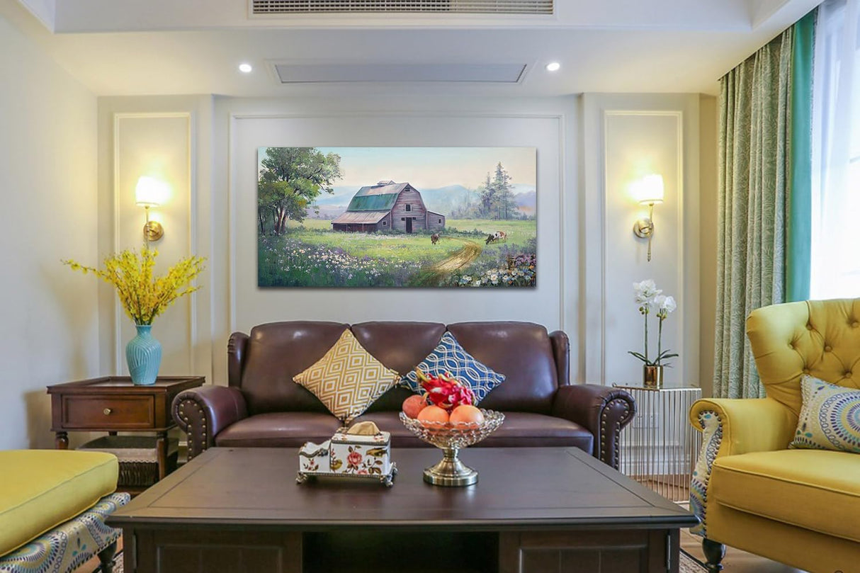 Acocifi Large Farmhouse Wall Decor Barn Cow Picture Canvas Wall Art Nature Flowers Landscape Painting, Green Scenery Textured Artwork Framed for Living Room Bedroom Bathroom Office Home Decor 40"x20" Acocifi