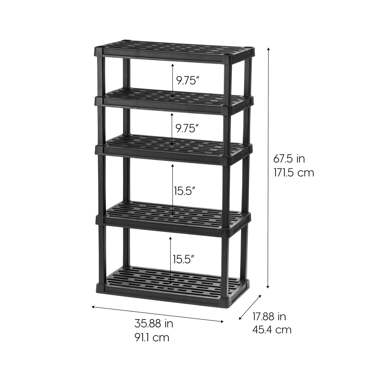 IRIS USA 5-Shelf Heavy Duty Plastic Storage Shelves, 750lb Capacity, 68" H x 36" W x 18" D, Large Modular Shelving Unit Storage Organizer for Garage, Home, Warehouse & Gym, Storage Rack - Black Iris Ohyama
