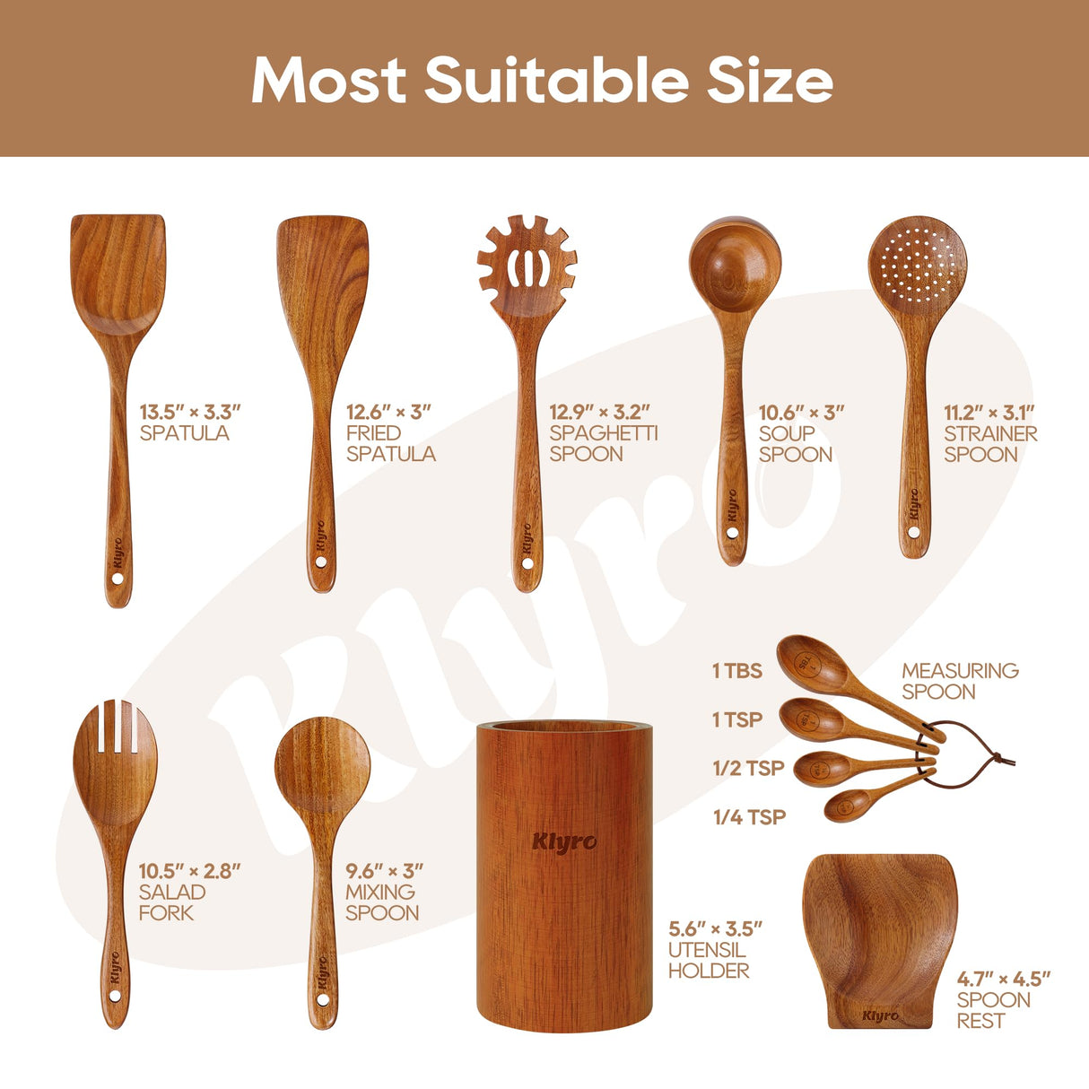 KLYRO Wooden Spoons for Cooking, Nonstick Kitchen Utensils Set with 4 Piece Measuring Spoons, Comfort Grip Wooden Spatula Set, 9 Piece Teak Wooden Cooking Utensils with Holder and Spoon Rest KLYRO