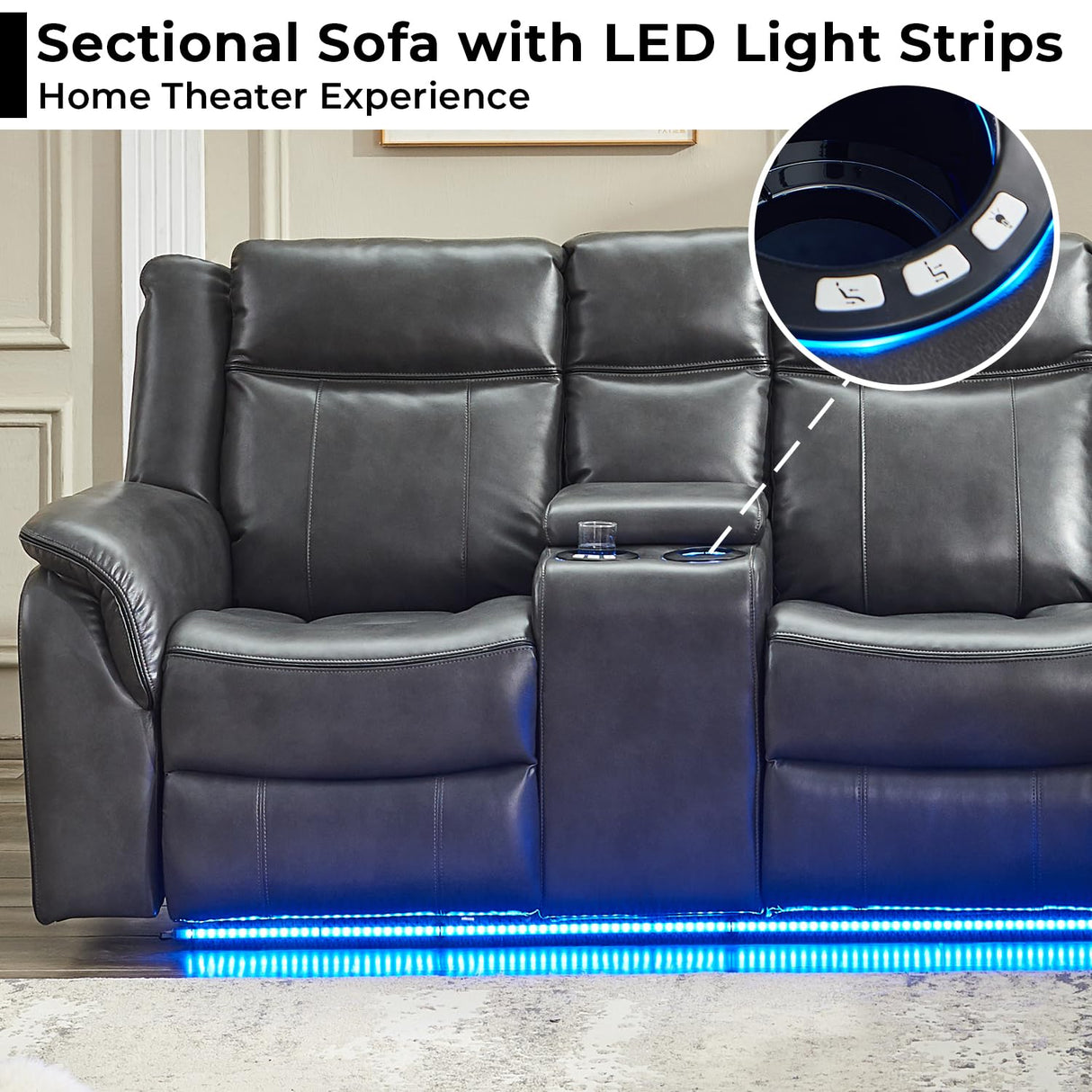 Power Recliner Sectional Sofa Couches with LED Lights for Living Room, Faux Leather Wall Hugger Reclining Corner Couch Sets with 2 Home Theater Seat, USB Charger, Cup Holder, Storage Console, Grey Comfort Stretch