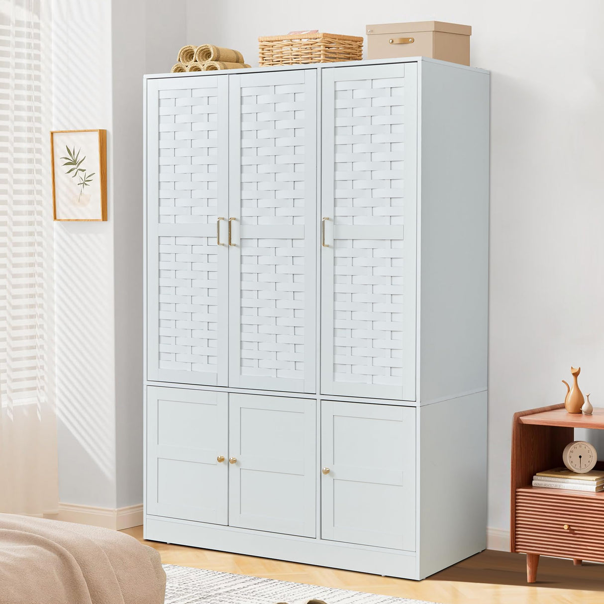 PHOYAL Armoire Wardrobe, 6 Woven Doors Storage Cabinet Wood and 8 Shelves Metal Handles for Tall Cabinet Closet Large Capacity Armoire Wardrobe Closet with Hanging Rod (White) PHOYAL