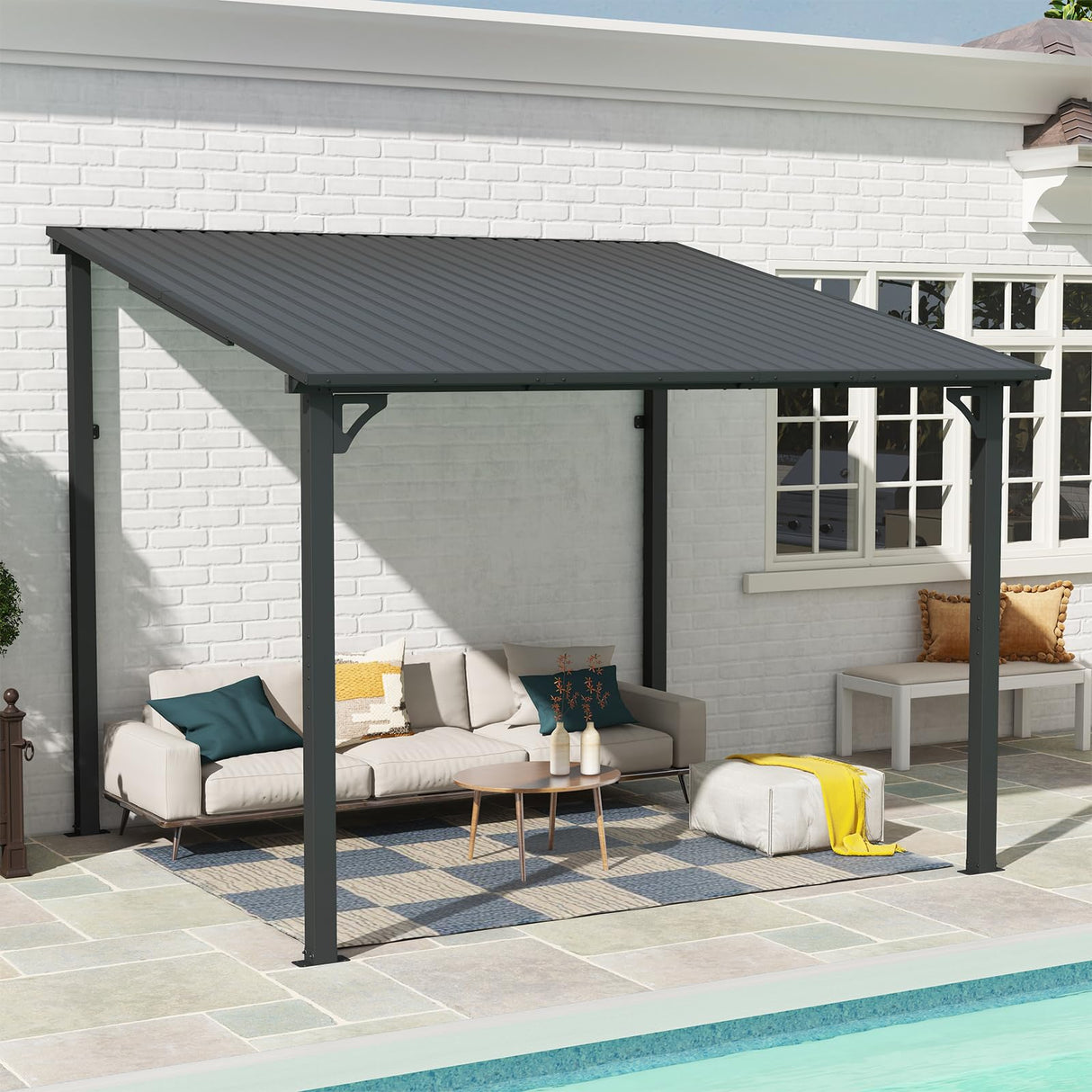 SUNSITT 8’ x 10’ Gazebo, Outdoor Lean to Gazebo Pergola w/Drainage Holes, Wall-Mounted Gazebo with Hard Top Metal Awnings for Patio Backyard Deck, Dark Grey SUNSITT