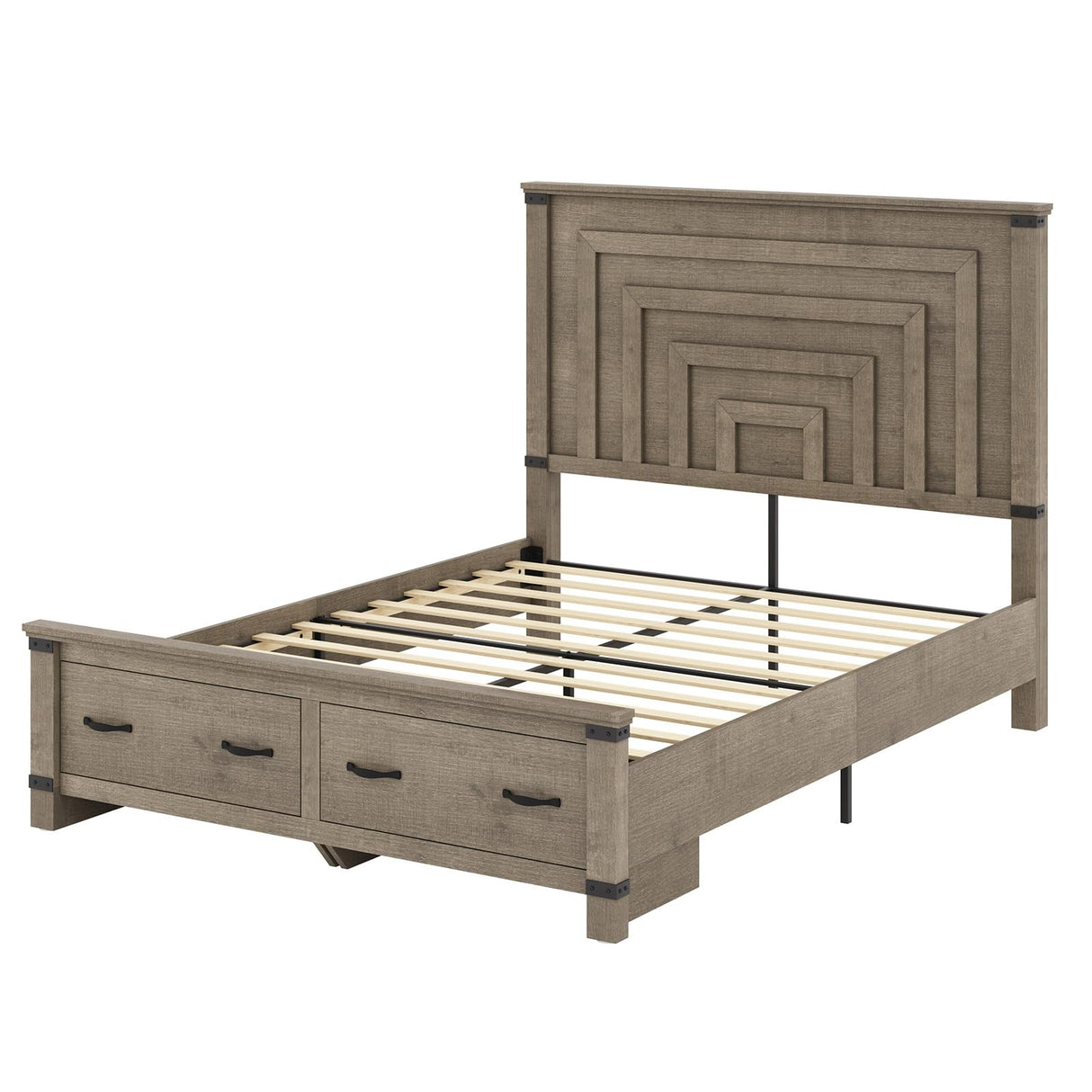 AMERLIFE Farmhouse Full Size Bed Frame with 54" Tall Geometric Headboard & Footboard, Rustic Wood Platform Bed Frame with Large Storage Drawers, Wood Slats Support, No Box Spring Needed, Rustic Grey AMERLIFE