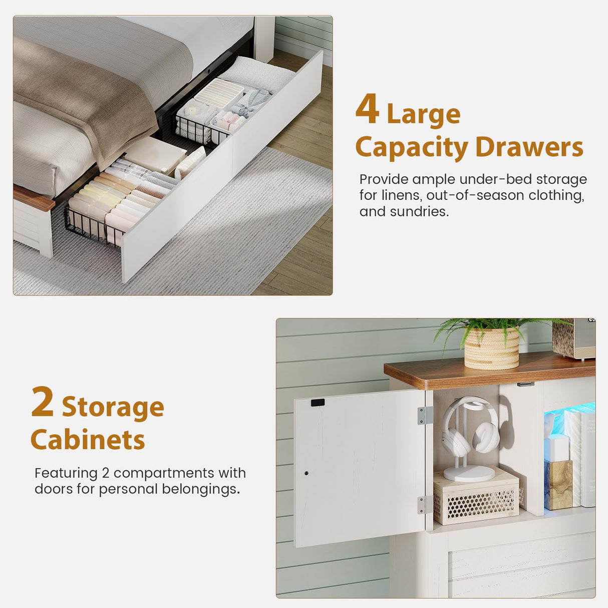 MSmask Farmhouse Queen Bed Frame with Bookcase and Storage Cabinets Headboard, Wood Platform Bed with LED Lights, Charging Station, 4 Drawers, Decoration Footboard, No Box Spring Needed, White MSmask