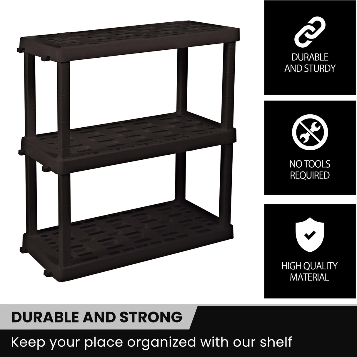 Koolatron Oskar 3 Tier Plastic Shelf, Garage Shelving Unit, Rack and Storage Shelves - Ideal for Storage Shed, and Shelf Organizer - Perfect for Garage Storage and Shelving Solutions,Black Koolatron