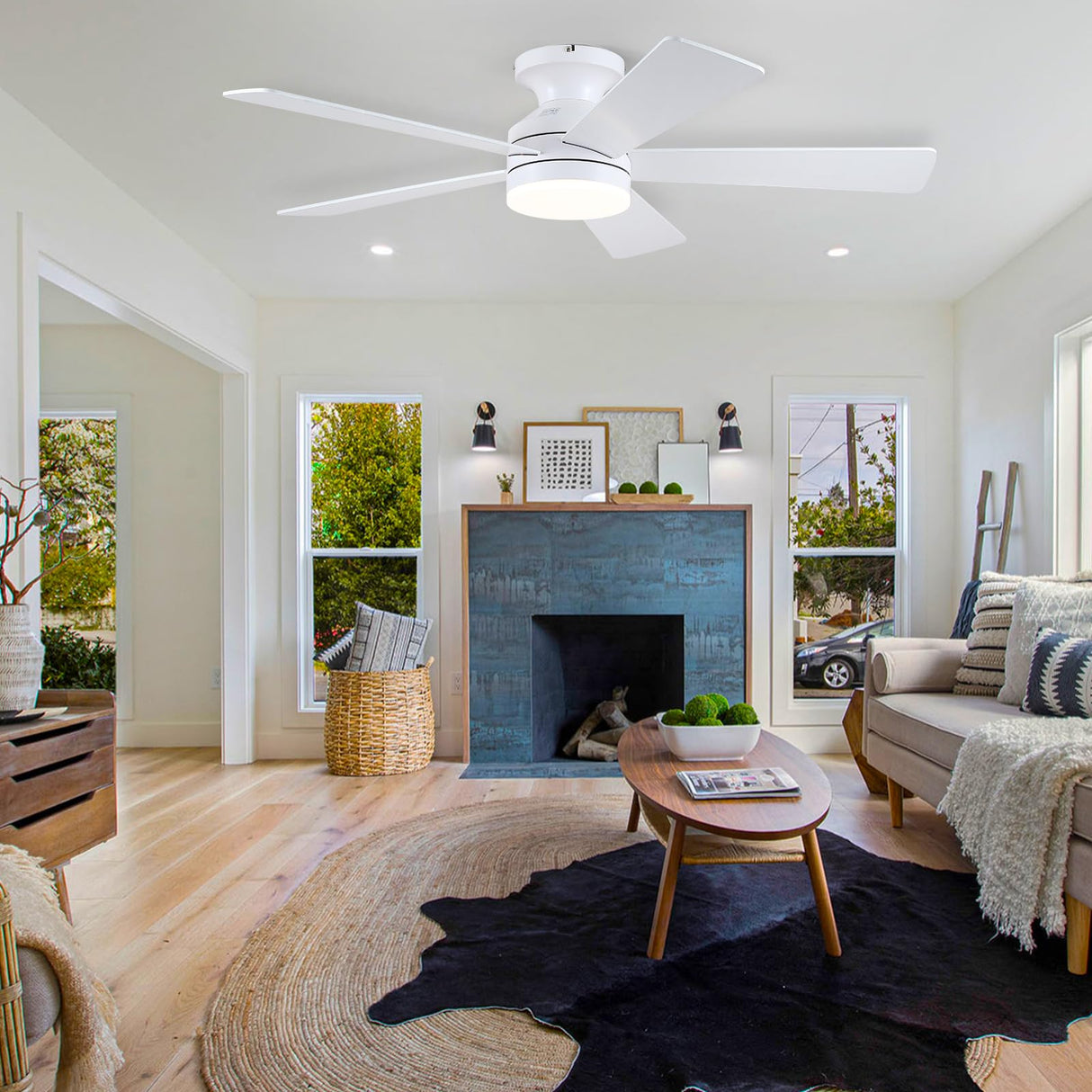 BYKISTOK White Ceiling Fans with Lights - 46" Flush Mount Low Profile Ceiling Fan Light with 5 Double-Sided Blades, 6 Speeds 3CCT Reversible Motor, Modern Ceiling Fan for Indoor/Outdoor Patios BYKISTOK