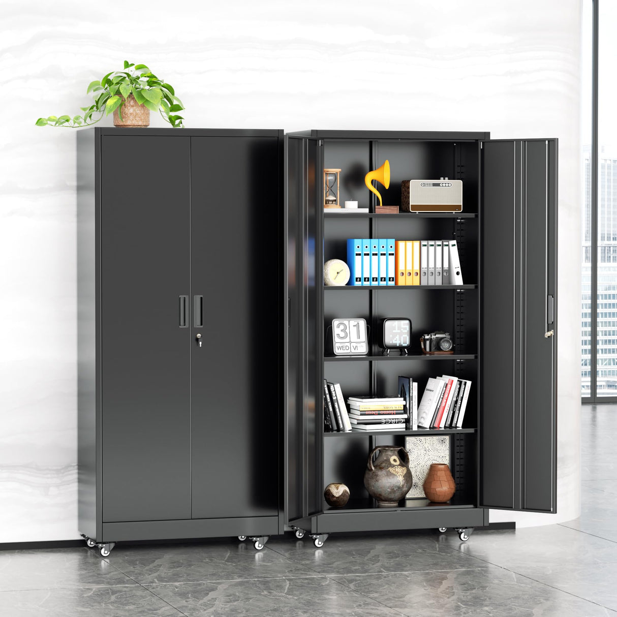 Bonusall Garage Cabinets with Wheels, 73" H Metal Locking Cabinet with 2 Doors and 4 Shelves, Storage Cabinet on Wheels for Home Office,Warehous, School(Black Bonusall