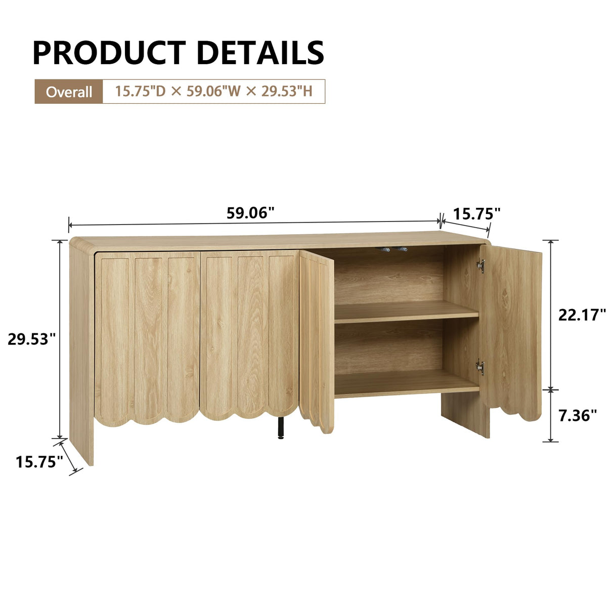 ORRD Sideboard Buffet Cabinet, Accent Storage Cabinets with 4 Doors, Farmhouse Wood Cabinet with Adjustable Shelves and Wave Panel for Living Room, Dining Room, Entry - Natural ORRD