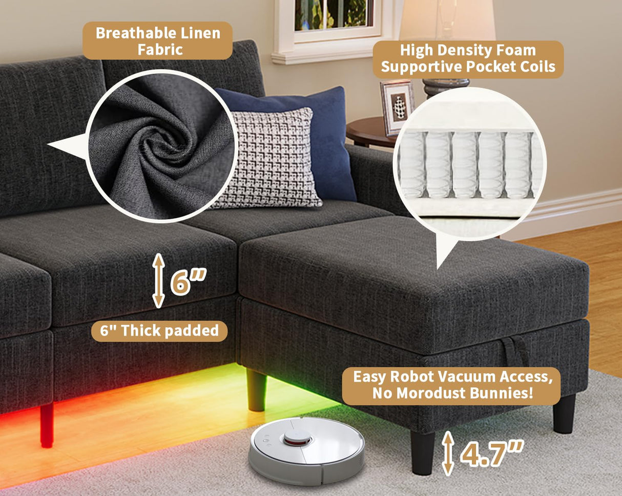 Yzyuankeji Smart Sectional Couches for Living Room, 6 Seat U/L Shaped Sectional Sofa with RGB Light/Charging, Modern Living Room Furniture for Apartments/Office/More (Dark Grey) Yzyuankeji