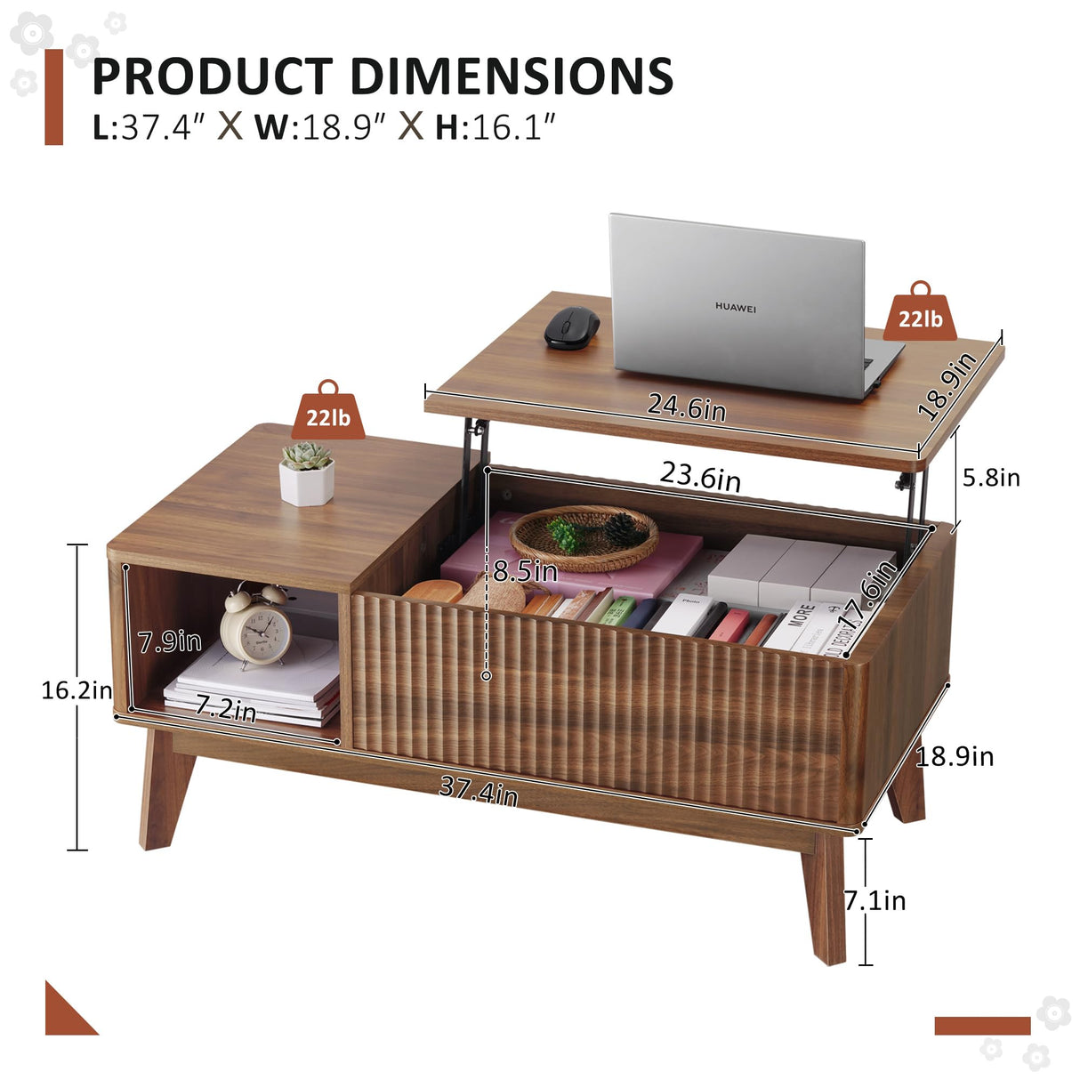 LYNCOHOME Fluted Lift Top Coffee Table with Hidden Compartment, Modern Center Table for Living Room, Home Office(Walnut) LYNCOHOME