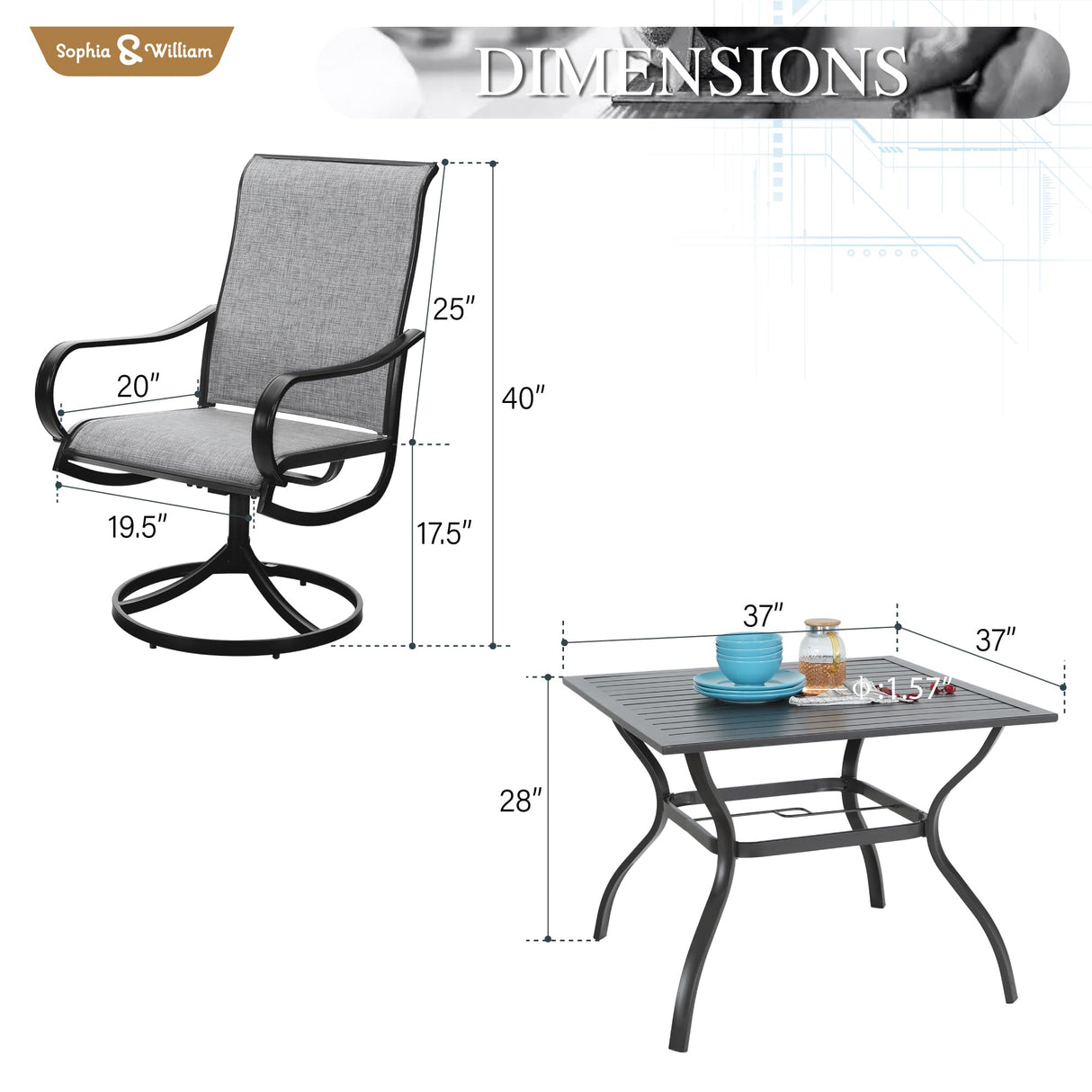 Sophia & William Outdoor Dining Set Patio Dining Set for 4 Outdoor Table and Chairs 5 Pieces with Swivel Patio Chairs 37"x 37" Metal Table for Garden Pool All Weather Grey Sophia & William