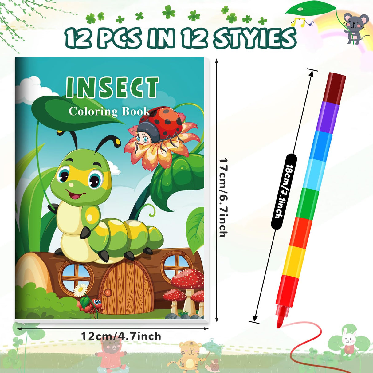 BenLouis 12 Insects Mini Coloring Books Kids with 12 Stacking Crayons Spring Bugs Party Favors Small Activity Books Bulk for Kids Butterfly Bee Party Gift Goodie Bag Stuffers BenLouis
