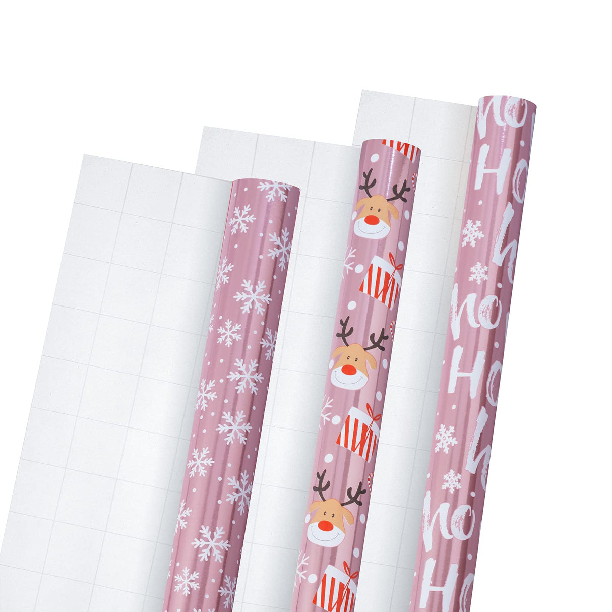 LeZakaa Christmas Wrapping Paper Mini Roll, Pink Metallic Foil Shine Paper - Snowflakes/Santa Claus/HO Print for Gift Wrap, Arts Crafts - 17 x 120 inches - 3 Rolls (42.5 sq.ft.ttl.) LeZakaa