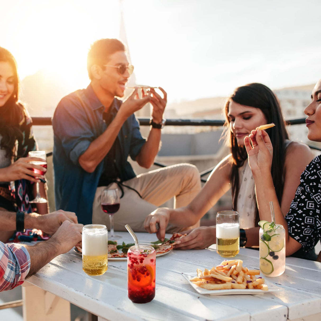 NETANY Drinking Glasses with Glass Straw 4pcs Set - 16oz Highball Glass Cups, Beer Glasses, Iced Coffee Glasses, Cute Tumbler Cup, Ideal for Whiskey, Soda, Tea, Water, Gift, 2 Brushes NETANY