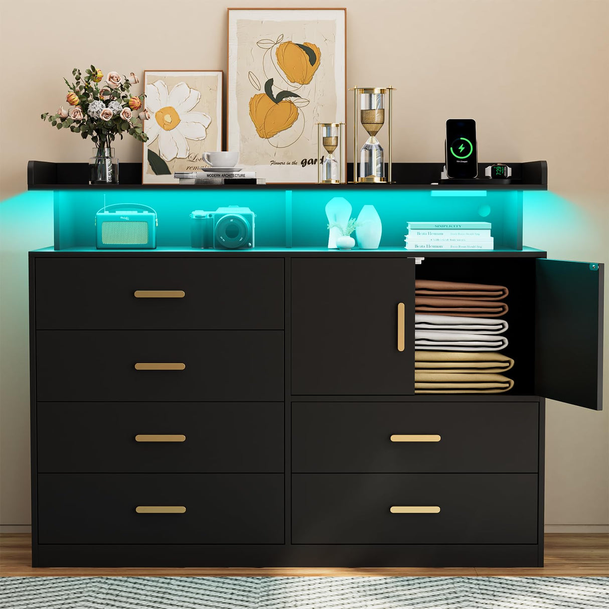 Yeyawomy Black 6 Drawer Dresser with Charging Station & Led Light for Bedroom, Accent Chests of Drawers with Large Cabinet, Modern Storage Dresser with 2 Layer Shelves for Bedroom,Hallway Yeyawomy
