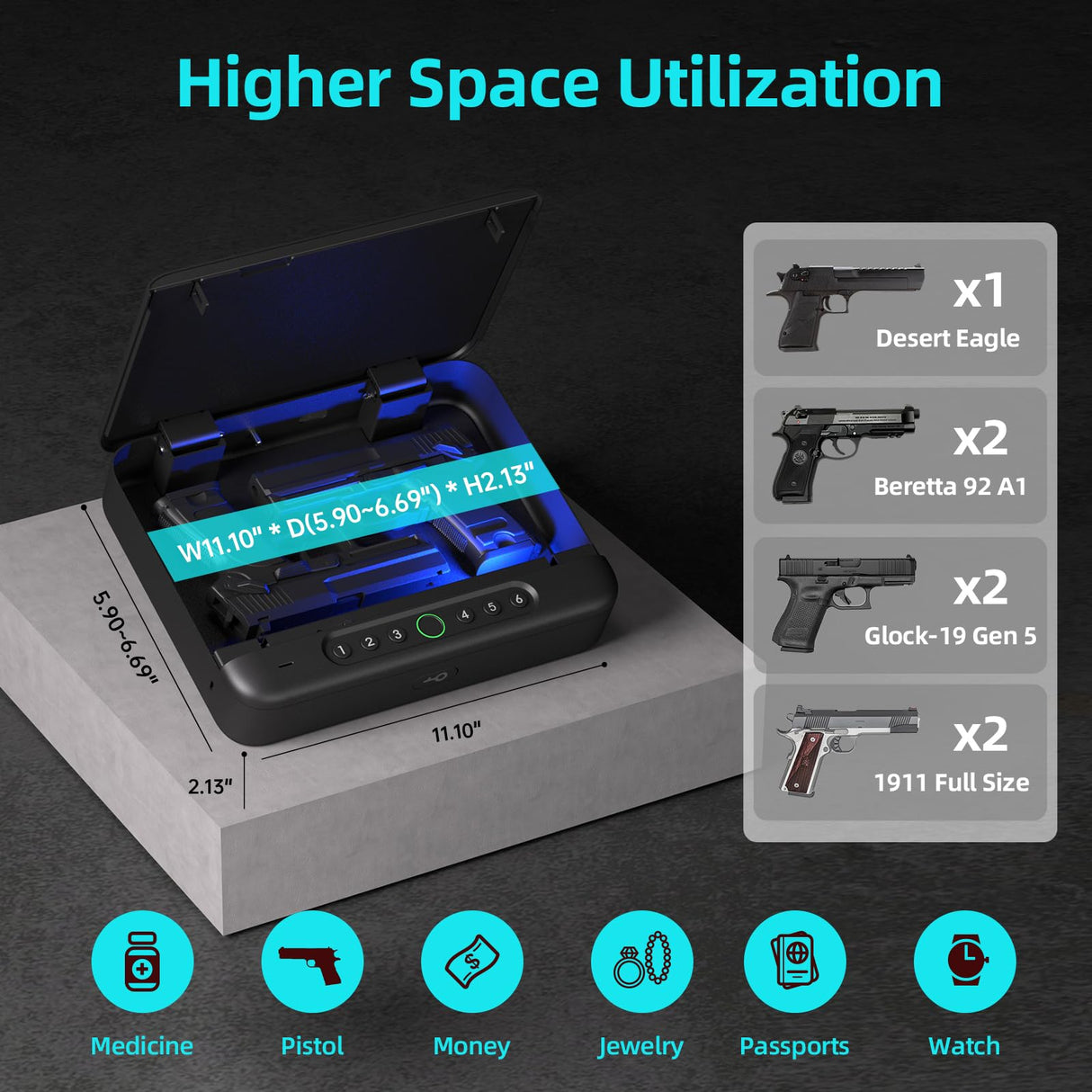 PINEWORLD Gun Safe, Biometric Gun Safe For Handgun, 4 Quick-Access Unlock APP|Fingerprint|Passcode|Key with Voice Prompt Pistol Safe,Safe Box, Gun Locker For Nightstand/Office/Car, Remote Control PINEWORLD