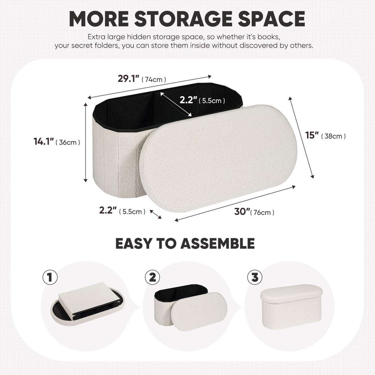 B FSOBEIIALEO Ottoman with Storage for Living Room, Sherpa Folding Storage Ottoman Foot Rest, 30 Inches Collapsible Bedroom Bench White B FSOBEIIALEO