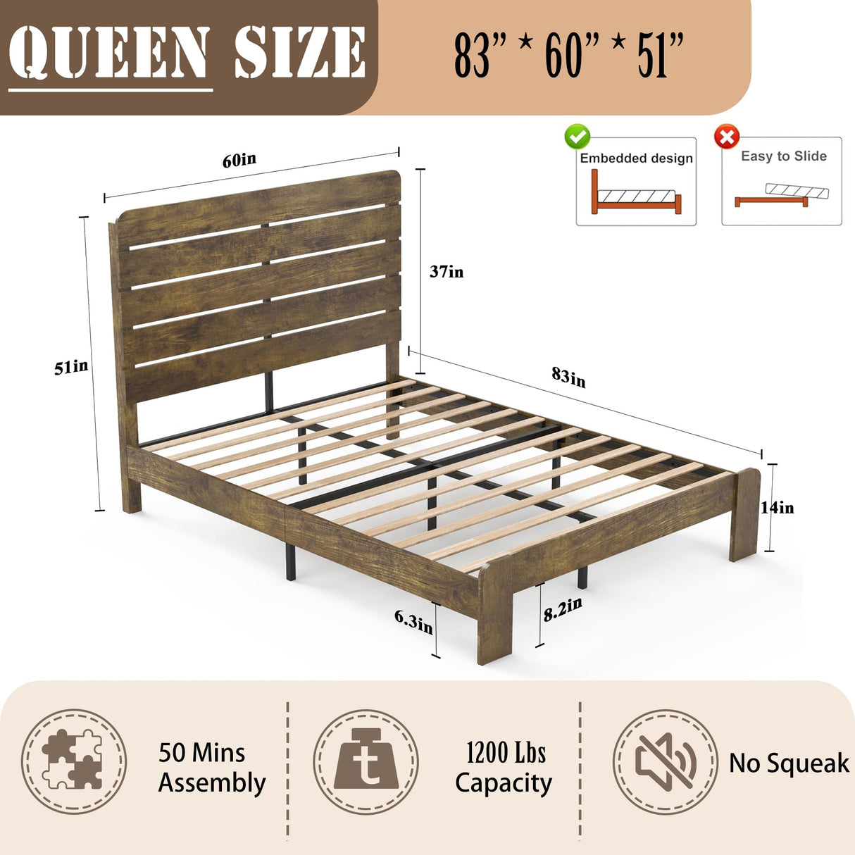 SAMTRA Wooden Queen Size Bed Frame with Headboard, Rustic Farmhouse Platform Bedframe with Wood Slat Support, Sturdy and No Noise, Easy Assembly, Light Brown SAMTRA