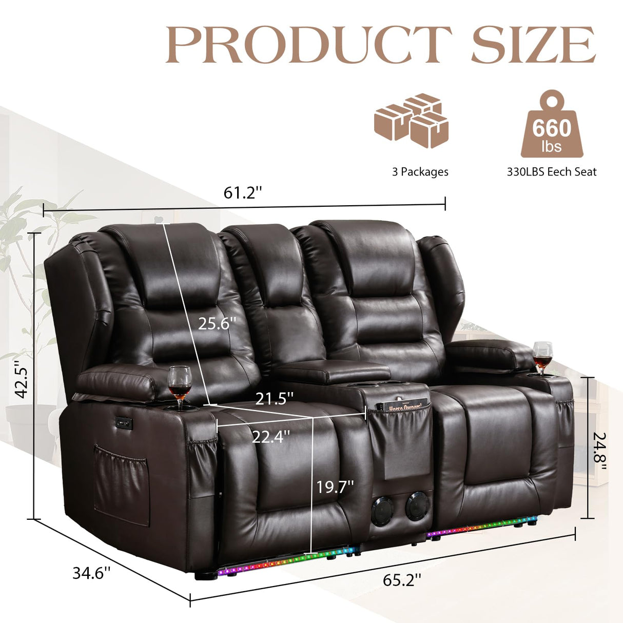 Oprisen 2-Seater Power Loveseat Recliner Electric Reclining Sofa Couch Wall Hugger Recliner Home Theater Seating w/Multi-Function Console/Cup Holders/LED Ambient Light Oprisen