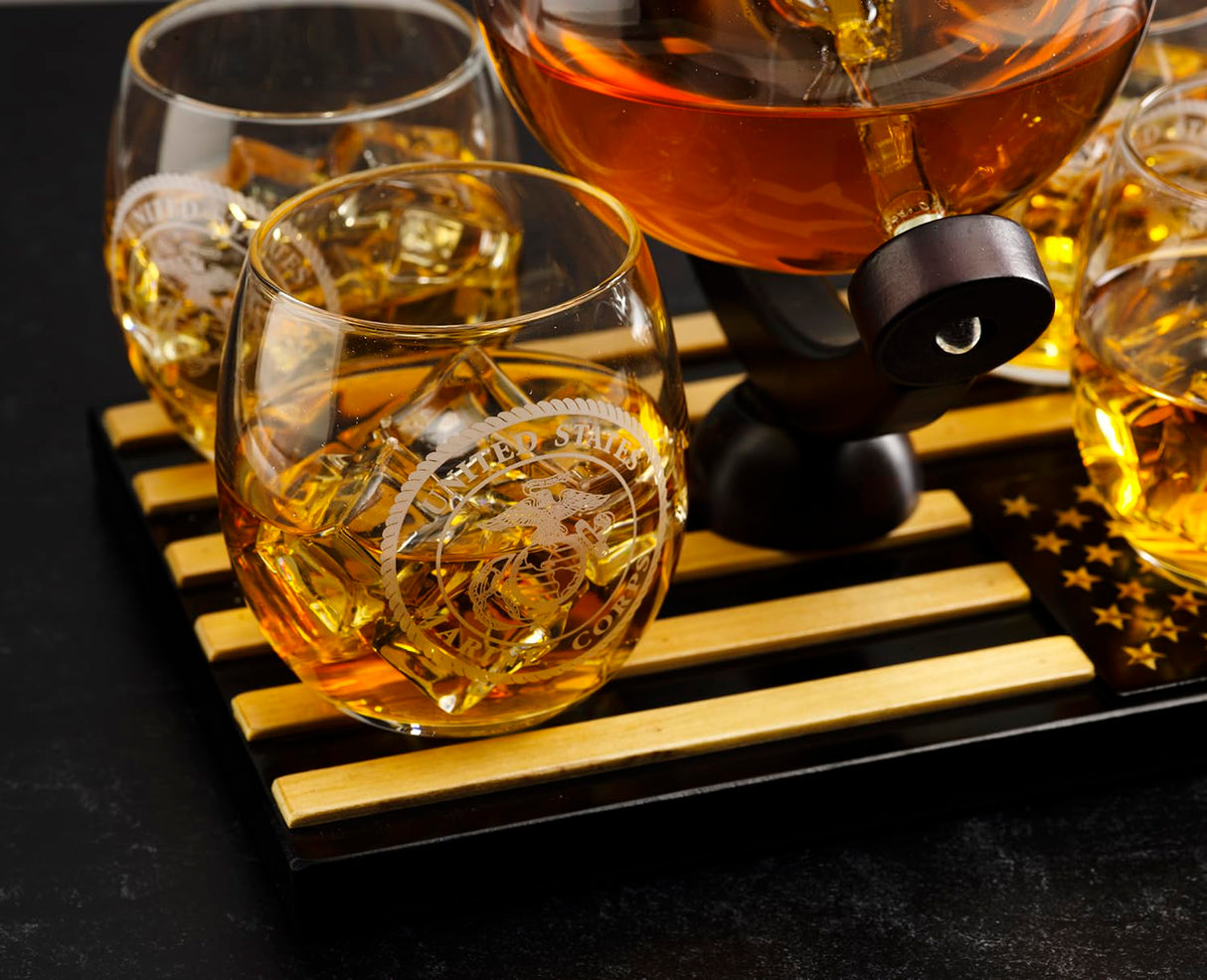 U.S. Marine Globe Whiskey Decanter Set with 4 Liquor Glasses - Wood Flag Base Marine Veteran Gift Set - Navy Gifts Men, Dad, U.S.A Flag - Bourbon & Scotch Military Gift for Father The Wine Savant
