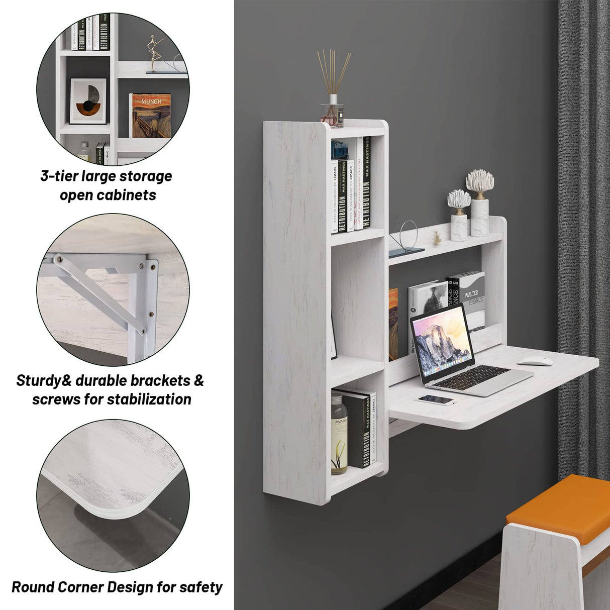 Pmnianhua 41'' Wall Mounted Floating Desk with Storage Shelves - Space Saving Workstation in Greyish White Pmnianhua