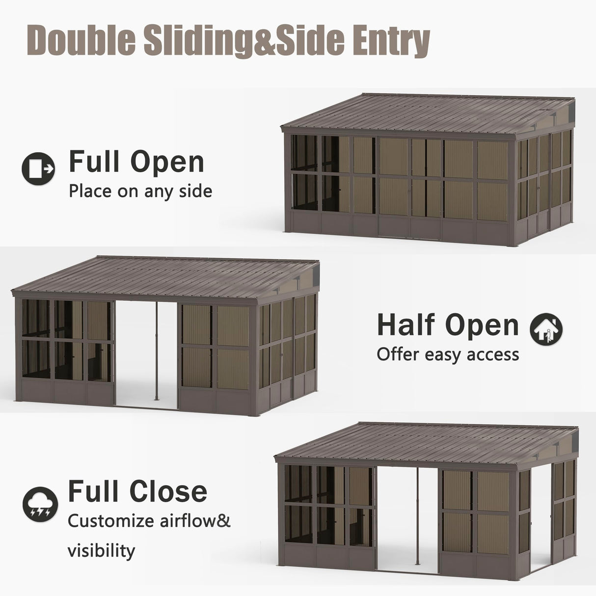 Domi 12x16FT Wall Mounted Sunroom,Solarium Aluminum Enclosed Gazebo with Hard Walls,Front Door&Side Entrance,Galvanized Steel Sloping Roof&Detachable PC Screen,Lean to Gazebo Sun Room for Patio Deck domi outdoor living