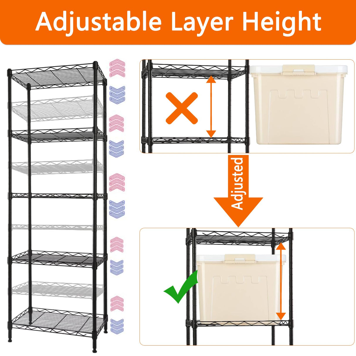 GIOTORENT 5-Wire Shelving Storage Garage Organizer, Adjustable Metal Shelf Wire Shelving Unit Rack for Laundry Bathroom Kitchen Storage, Pantry Closet Shelves, Matt Black GIOTORENT