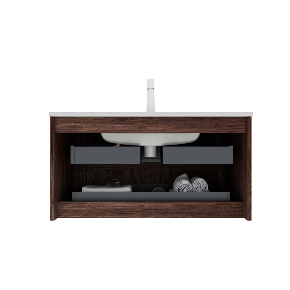 GUCOGUKA Wall-Mounted Bathroom Vanity, 36'' Floating Vanity with Sink Combo, Plywood Bathroom Vanity with 2 Soft-Close Drawers, Sink Hole Cover and Drain, Retro Walnut GUCOGUKA