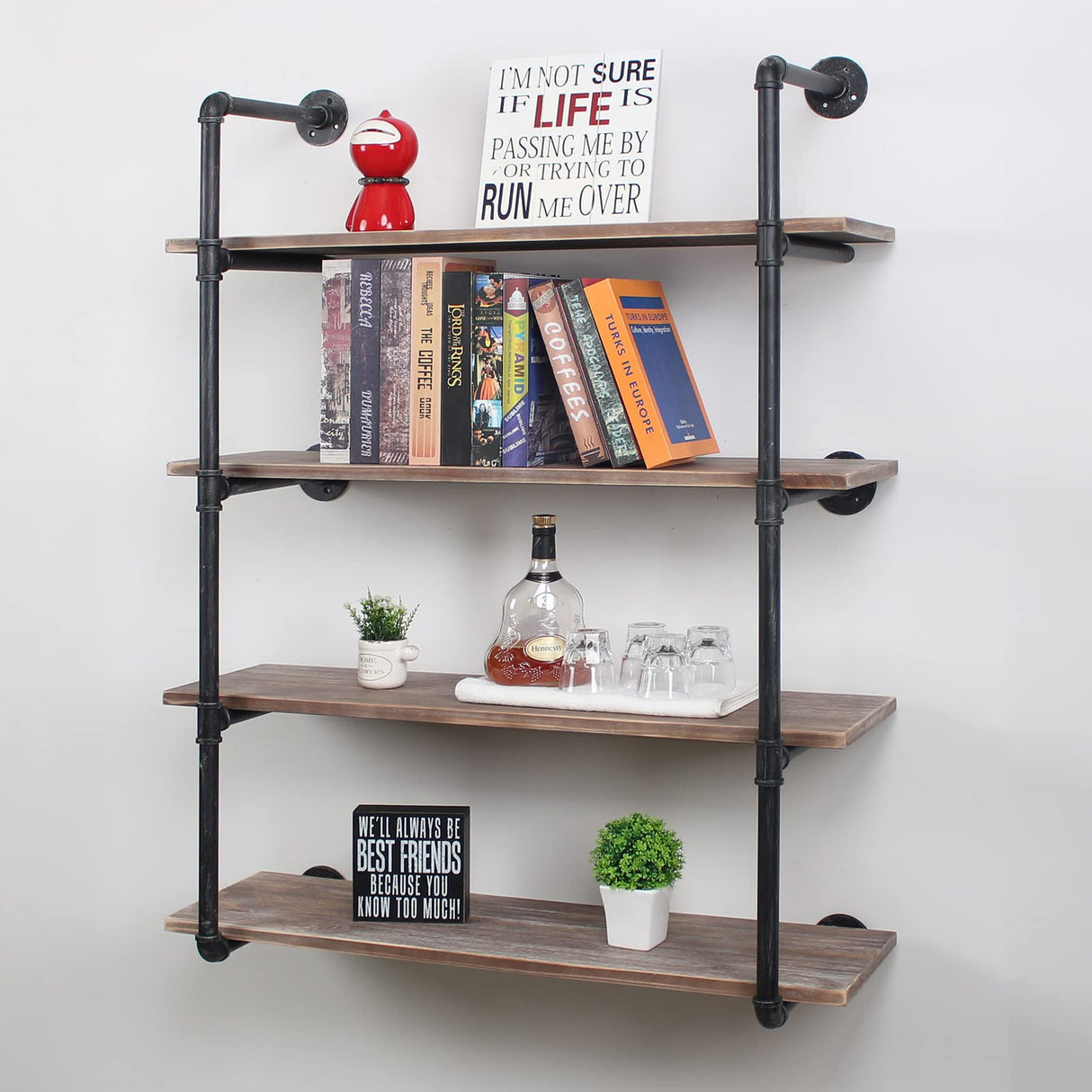 Industrial Pipe Shelving Wall Mounted,48in Rustic Metal Floating Shelves,Steampunk Real Wood Book Shelves,Wall Shelf Unit Bookshelf Hanging Wall Shelves,Farmhouse Kitchen Bar Shelving(4 Tier) MBQQ