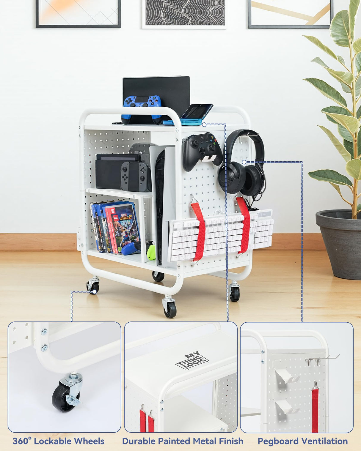 Mythinglogic Gaming Station Organizer, Metal Game Controller Holder, Video Game Console Storage Rack, Game Organizer Storage for PS5/PS4/Xbox/Switch/Game Accessories (White, 23.62" x 12.60" x 25.98") Mythinglogic