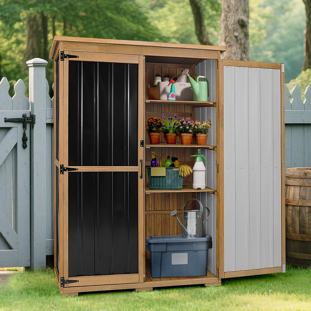 Outdoor Storage Shed, Waterproof Garden Sheds & Outdoor Storage Cabinet with Lockable Door Sloping Roof, Wood Metal Tool Shed for Backyard Patio Lawn 68”x46” PetsCosset