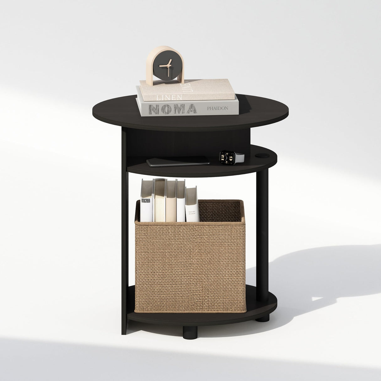 Furinno TIDUR Night Stand, 3-Tier Oval Nightstand with Round Edge Tabletop, Open Shelf Bedside Table, End Table, Side Table, for Bedroom, Living Room, Walnut Furinno