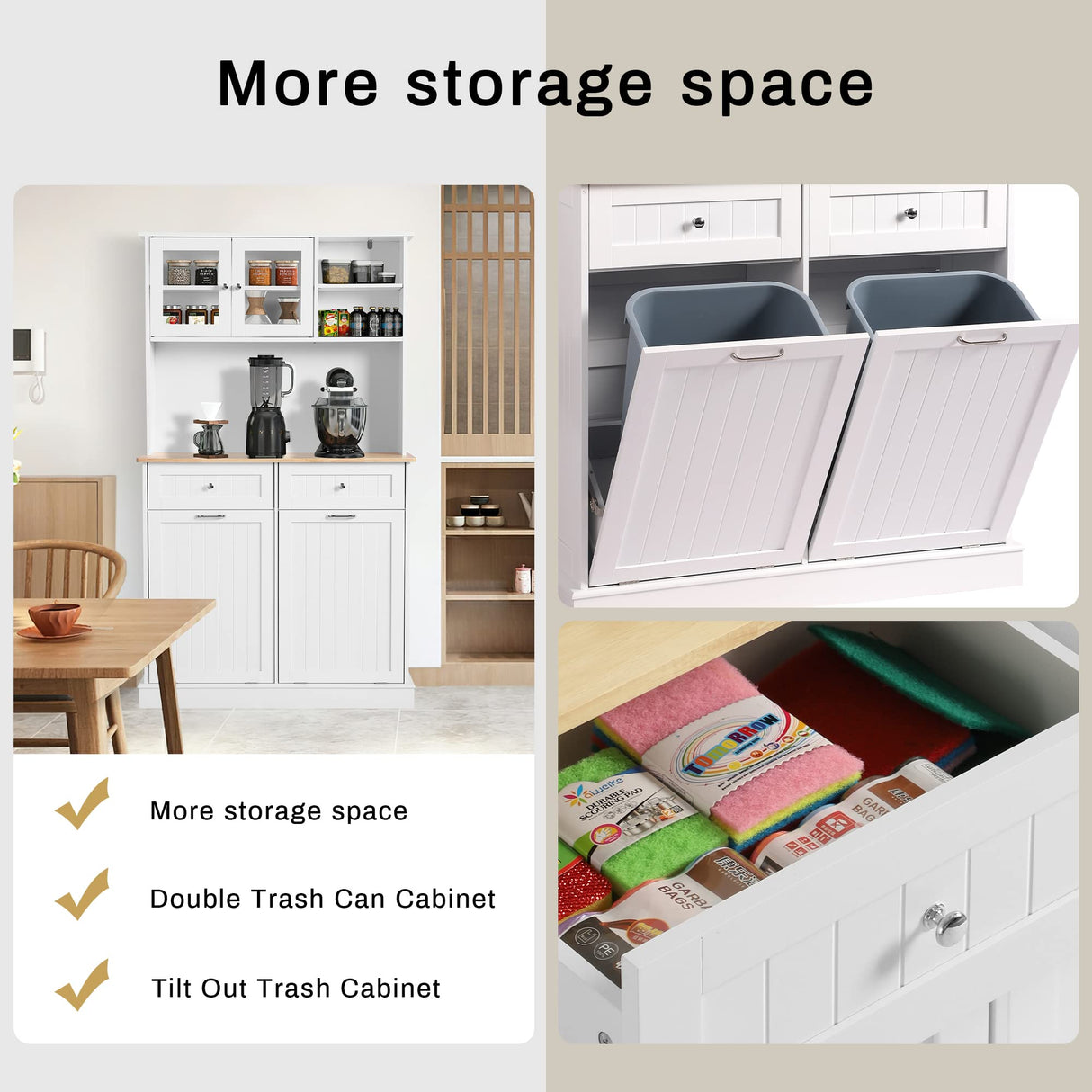YOCONYO Double Tilt Out Trash Cabinet Storage Cabinet 20 Gallon with Two Solid Wood Hideaway Trash Holder Drawers, Dual Wooden Free Standing Recycling Cabinets Trash Can Bin Kitchen (white) YOCONYO