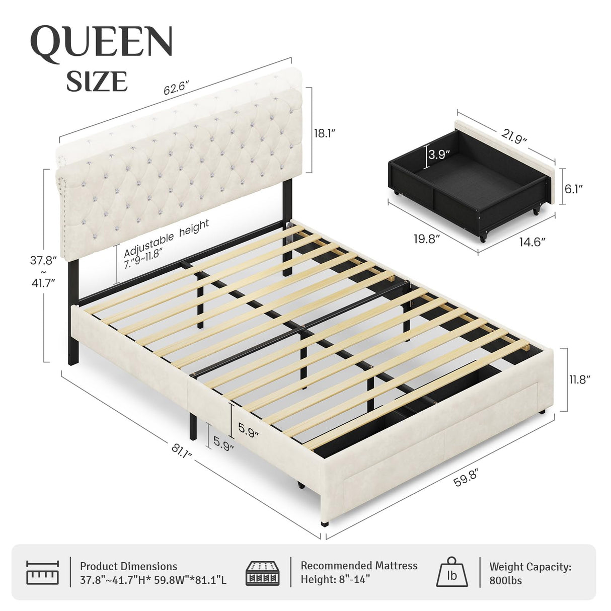 Belffin Queen Size Bed Frame with 2 Storage Drawers, Upholstered Bed Frame with Adjustable Diamond Headboard, Velvet Modern Platform Bed Frame, No Box Spring Needed, Easy to Assemble, Beige Belffin