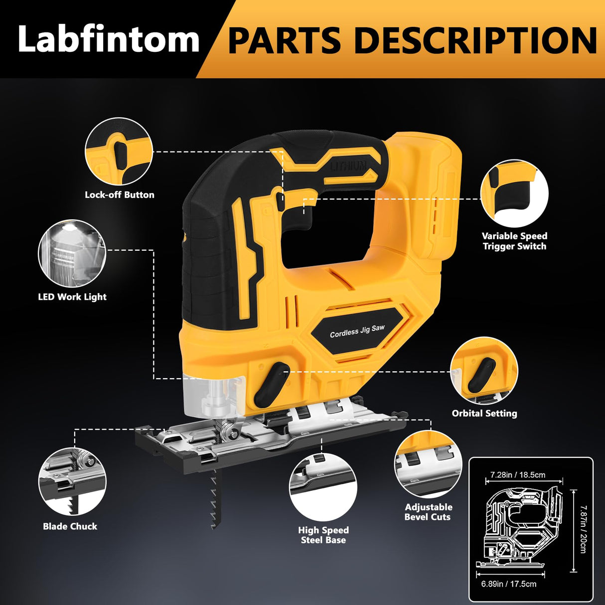 Jig Saw for Dewalt 18V/20V Max Battery, Cordless Jigsaw Tool Brushless Motor, Up To 2900 RPM, 45 Degree Beveled Cuts, LED Light for 4 Curve Cuttings, Plastic Box Include for Easy Carry (No Battery) Labfintom