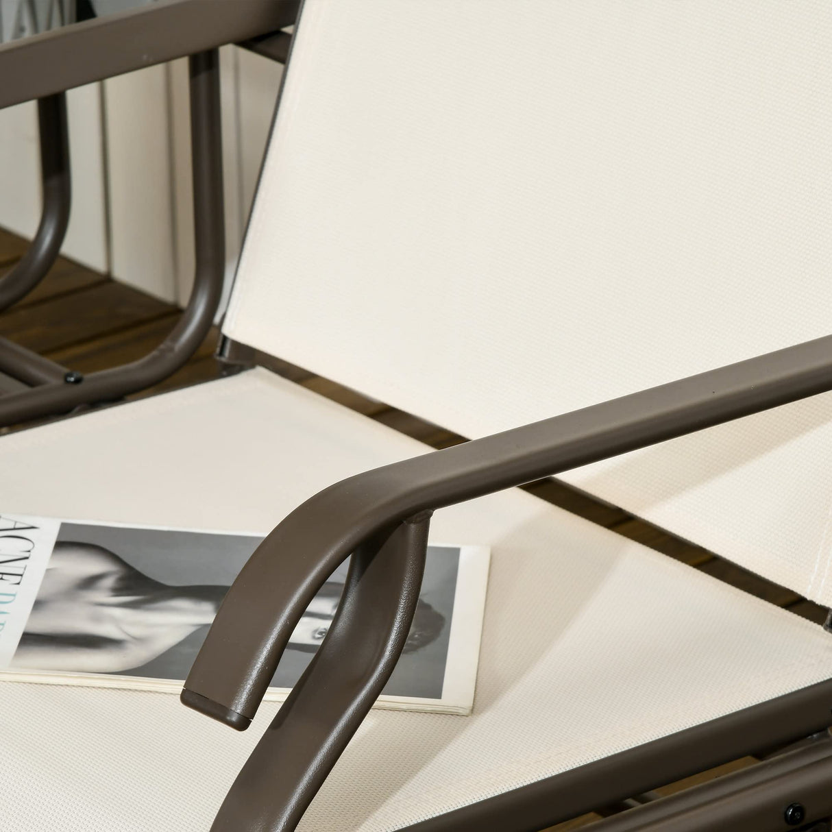 Outsunny Outdoor Glider Bench with Center Table, Metal Frame Patio Loveseat with Breathable Mesh Fabric and Armrests for Backyard Garden Porch, Beige Outsunny