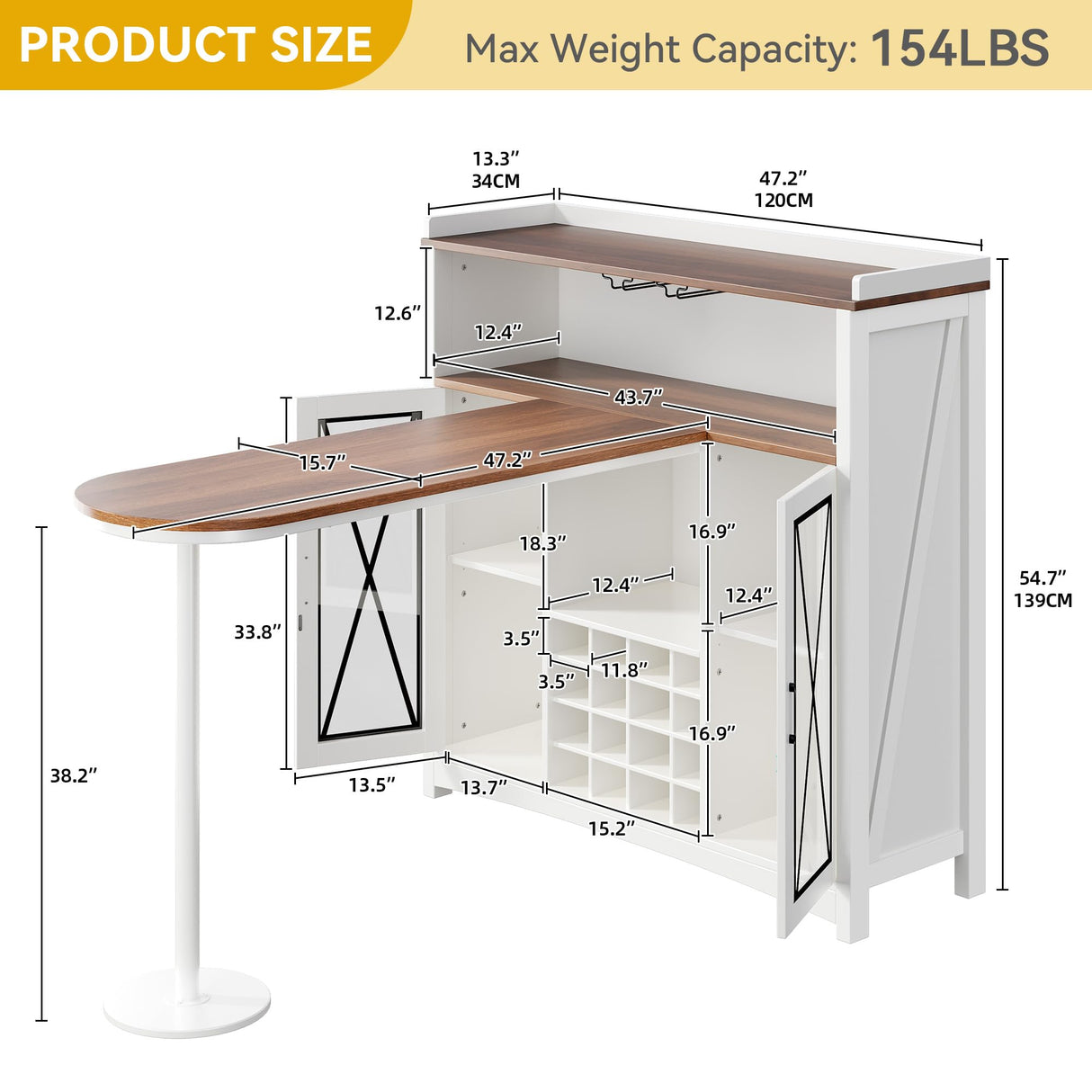DWVO Home Bar Unit with LED Lights & Wine Cabinet, Farmhouse Bar Cabinet with Wine Storage, Mini Bar Table Coffee Cabinet with Glasses Holder Hanger Footrest for Home Kitchen Pub, White&Walnut DWVO