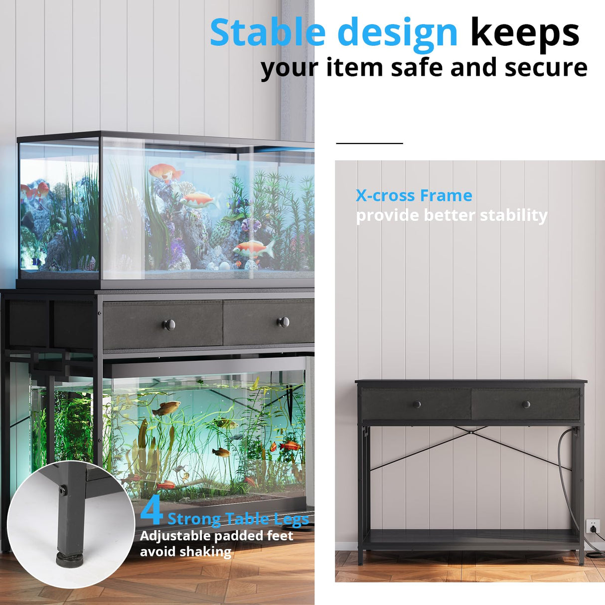 VOWNER 40 Gallon Aquarium Stand with Power Outlet, Metal Frame Fish Tank Stand with Cabinet Storage, Double Turtle Reptile Terrariums Tank Stand, 39.4" L*18.9" W Tabletop, 660LBS Capacity, Black VOWNER