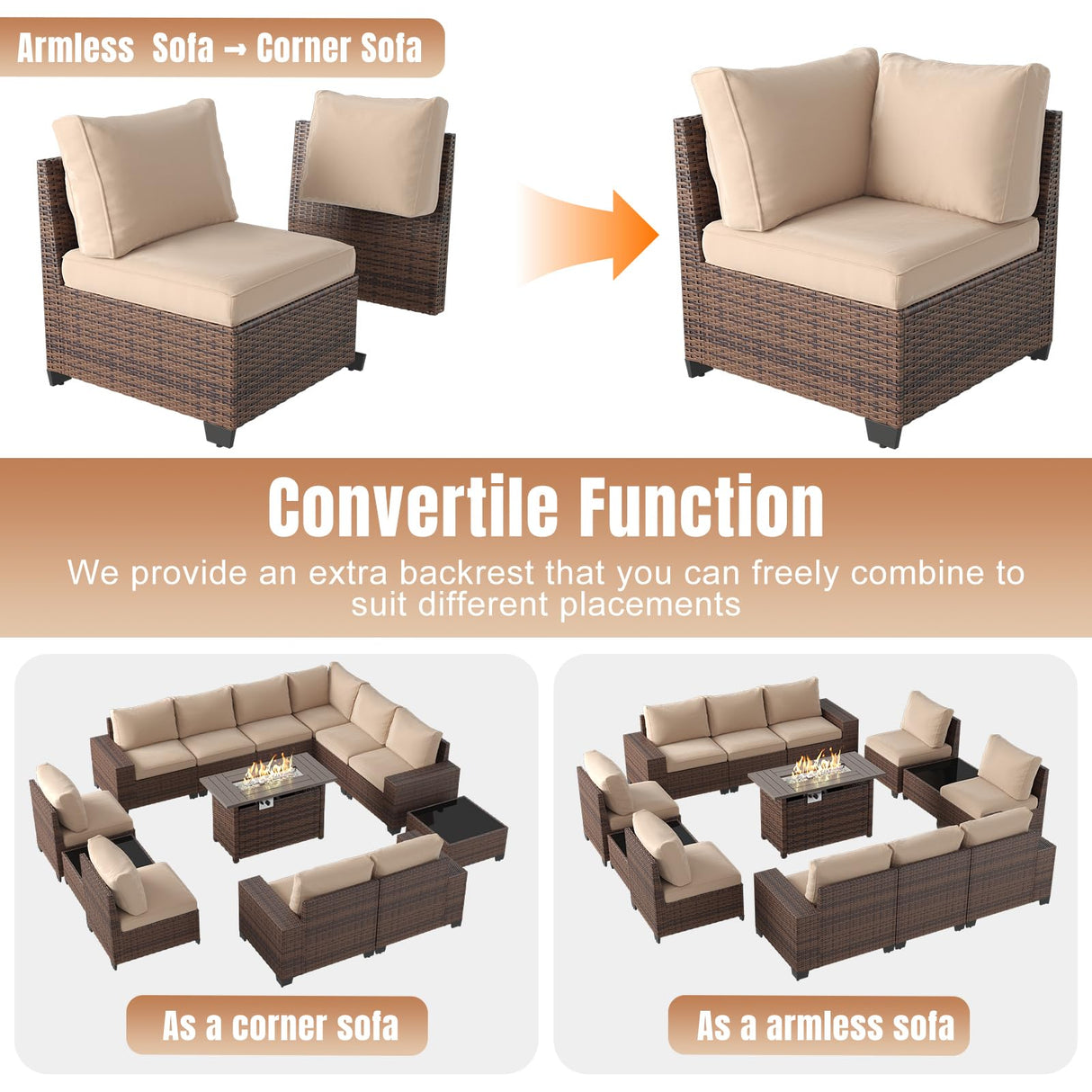 Aoxun 13 Pieces Patio Furniture Set with 44” Fire Pit Table Wicker Rattan Outdoor Sectional Conversation Set with Coffee Table and 4” Thickened Cushions, Beige (Waterproof Cover Included) Aoxun