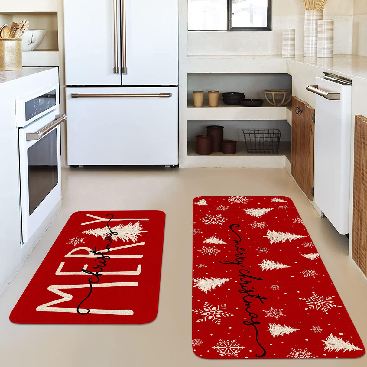 Eikunn Red Christmas Kitchen Rugs Set of 2 Xmas Trees Snowflake Kitchen Mat for Floor Winter Holiday Non-Slip Kitchen Sink Mats Kitchen Decor Doormat+Runner Rug Eikunn
