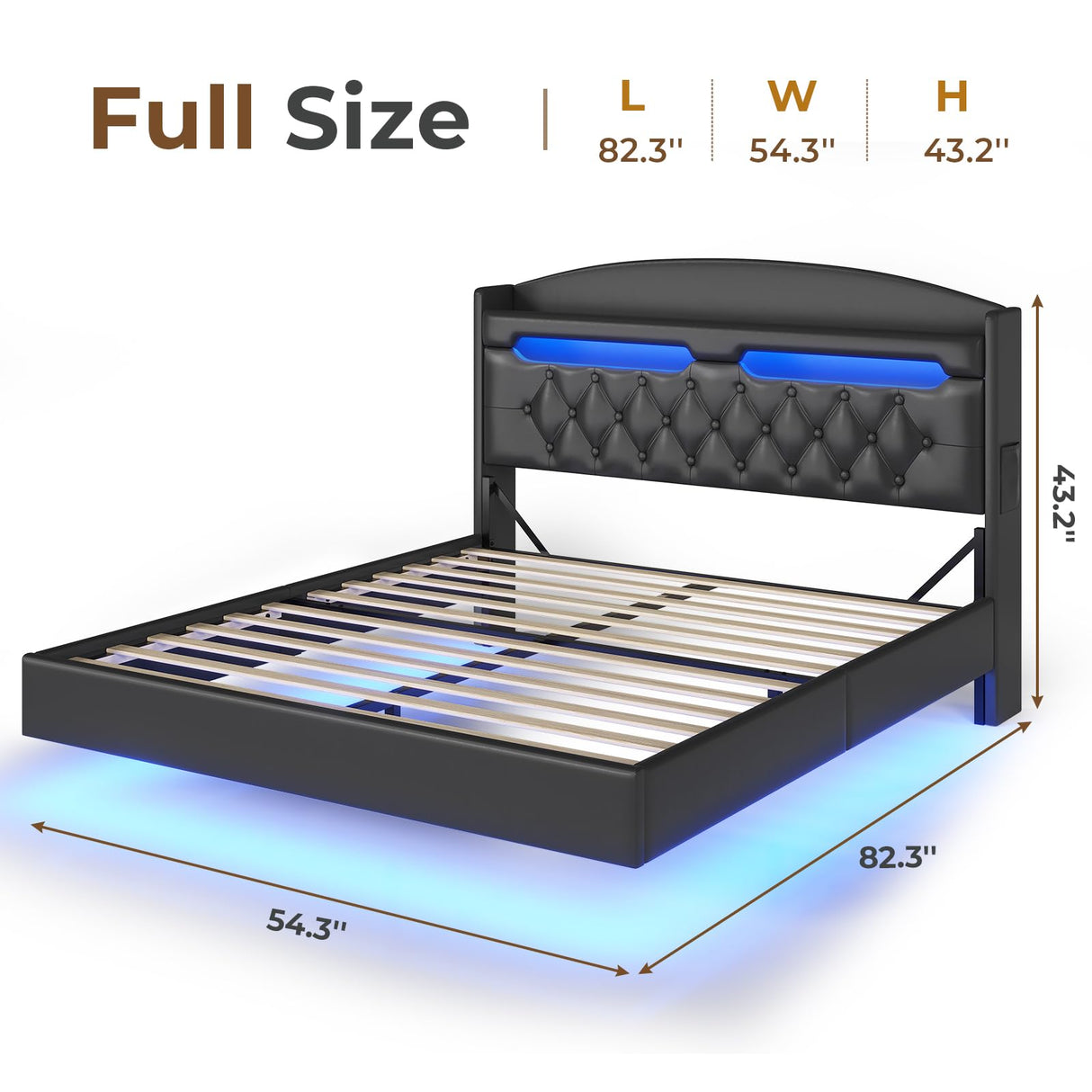 Modern ADORNEVE Floating Full Bed Frame with LED Lights, Hidden Storage & Charging Station ADORNEVE
